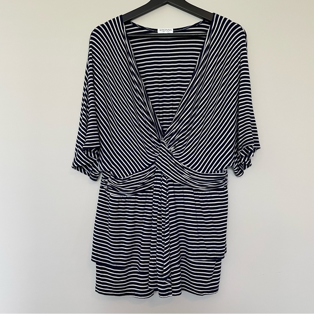 Kiyonna Plus Size White and Navy Blue Striped Promenade Top Sz 2X